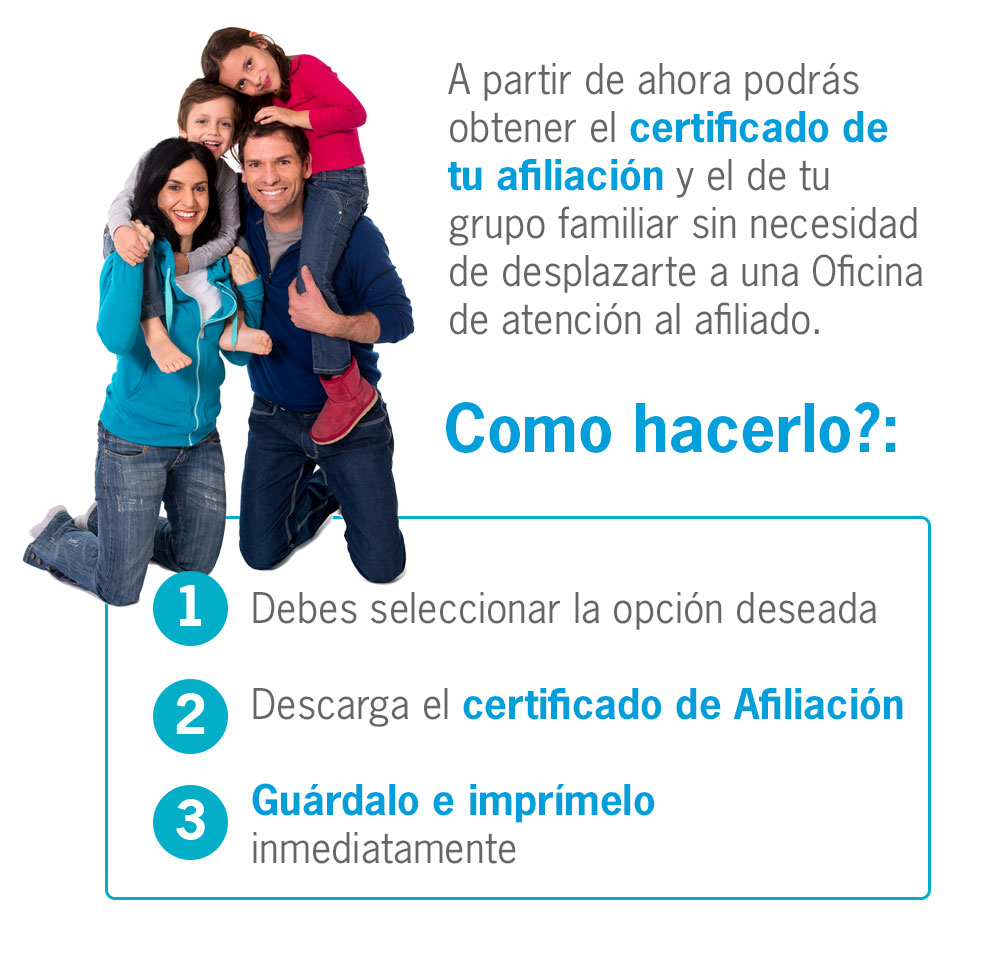 Imagen de pasos para obtener el certificado de afiliación. Primero seleccionar la opción deseada. Segundo descargar el certificado de afiliación. Tercero guardarlo e imprimir.